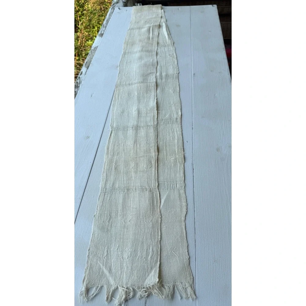 Vintage Handwoven Linen Textile Table Runner Cream White Fringe Frayed Edge 42in